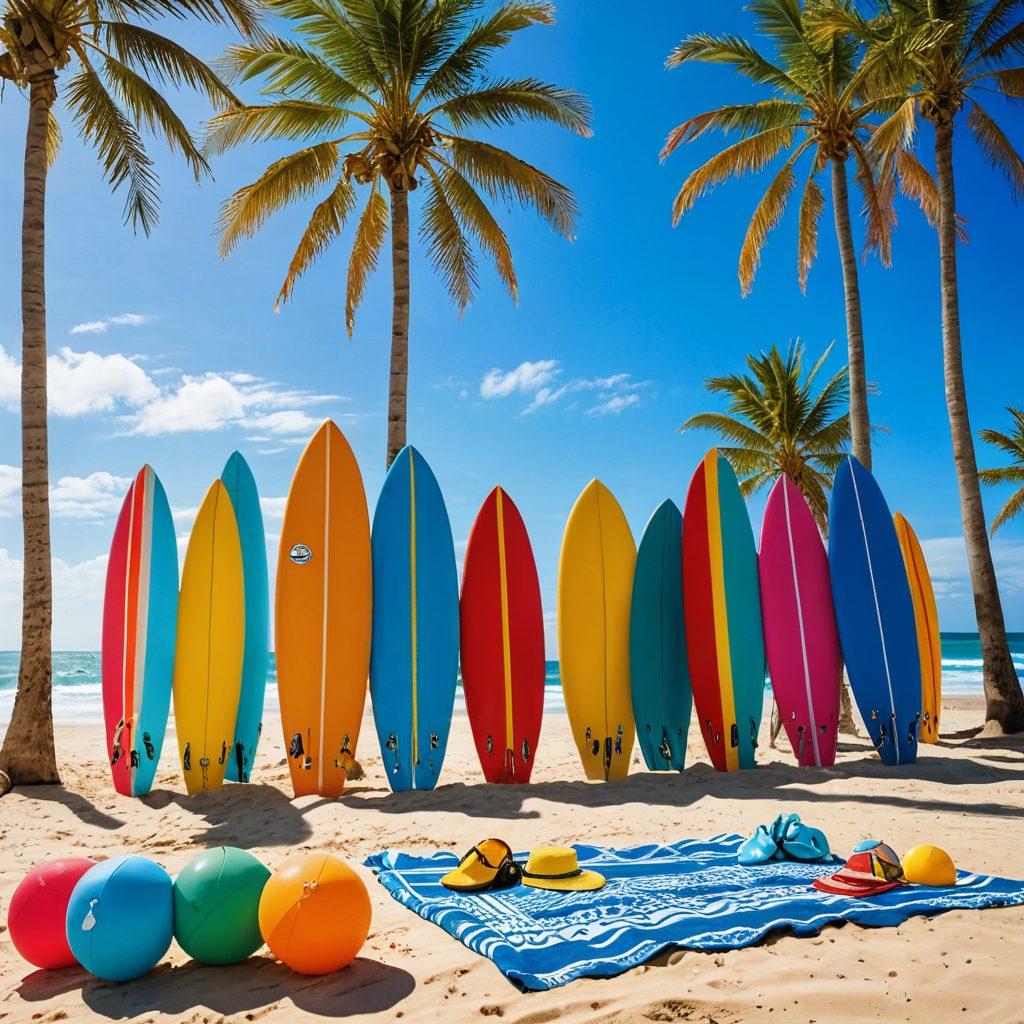 A vibrant beach scene showcasing diverse fashion styles, with models of various ethnicities wearing trendy swimwear and accessories, surrounded by sun-soaked sand, palm trees, and surfboards. Incorporate playful elements such as beach balls and towels scattered around, capturing the essence of adventure and relaxation. Emphasize bright colors and a lively atmosphere. super-realistic. vibrant colors. summer vibe.